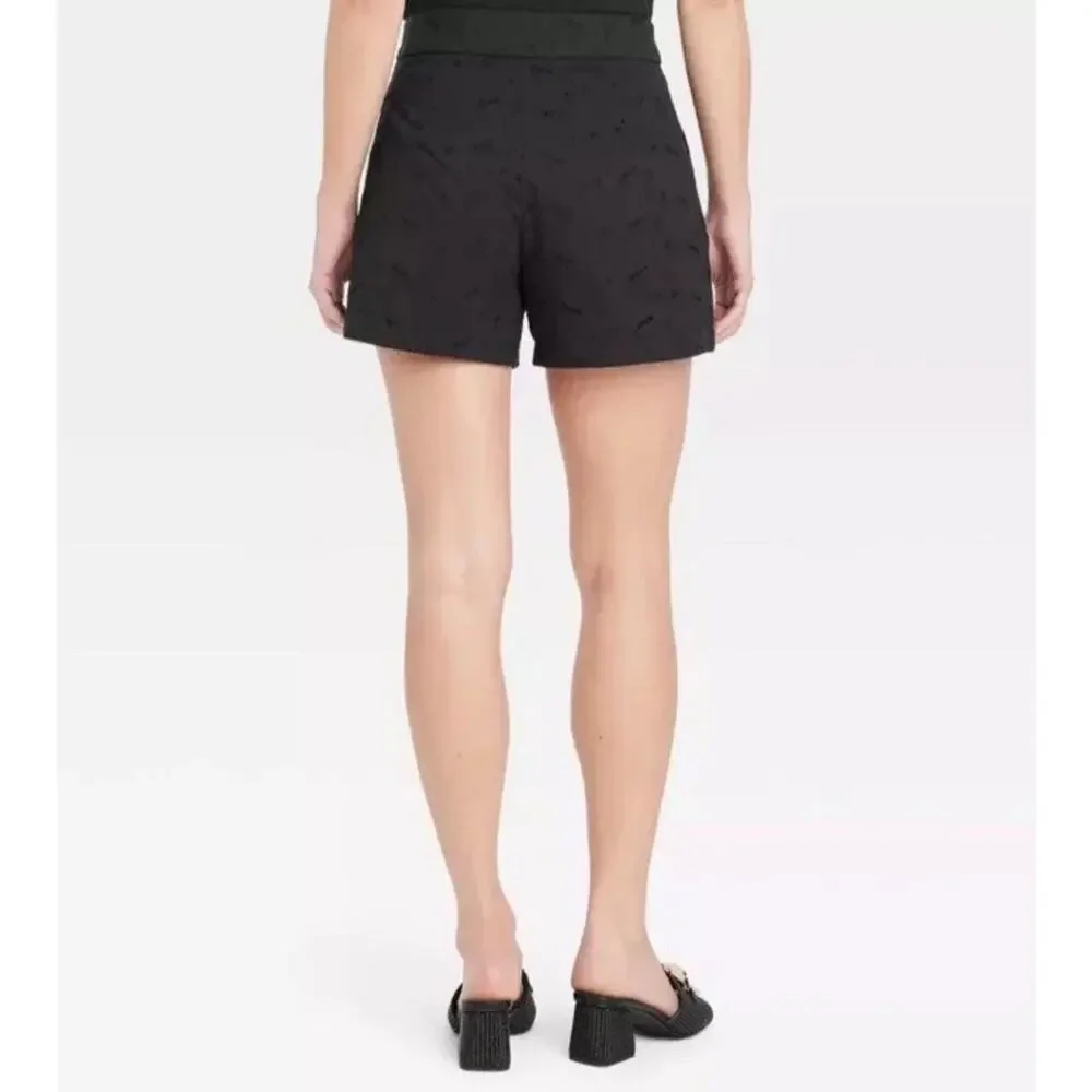 A New Day Women's High-Rise Pleated Eyelet‎ Cotton Short Black Size 8 Cottage